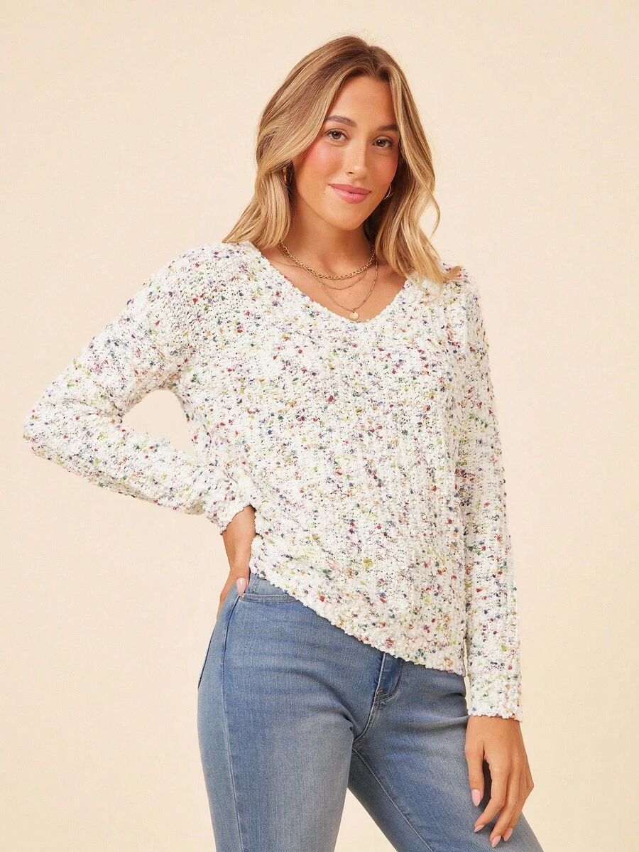 Coeurva V-Ausschnitt bunte Pompon Strukturstrick Pullover Für Frauen, elegant für Lässig, Pendeln und Streetwear, warm für Herbst/Winter