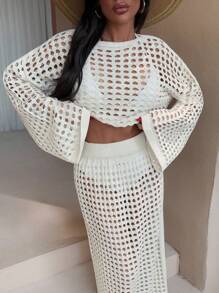 EURMUSE Hollow Out Long Sleeve Summer Beach Vacation Cover Up - Apricot - View 6
