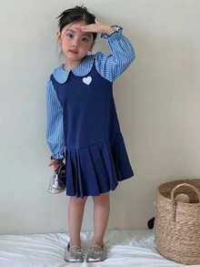 SHEIN 女童蓝色条纹撞色学院风长袖连衣裙，时尚优雅的学院风装扮 - 藍色 - 查看 4