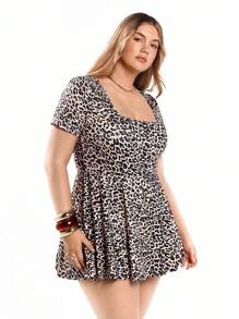 Plus Size Women's Casual Leopard Print Square Neck Short Sleeve A-Line Ruffle Hem Stretchy Knit Jumpsuit Romper With Pockets - Multicolor - View 1