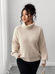 Elenzga Plus Size Women's Solid Color High Neck Dropped Shoulder Long Sleeve Casual Loose Sweater Fall Winter Cloth For Women Autumn - Apricot - View 5