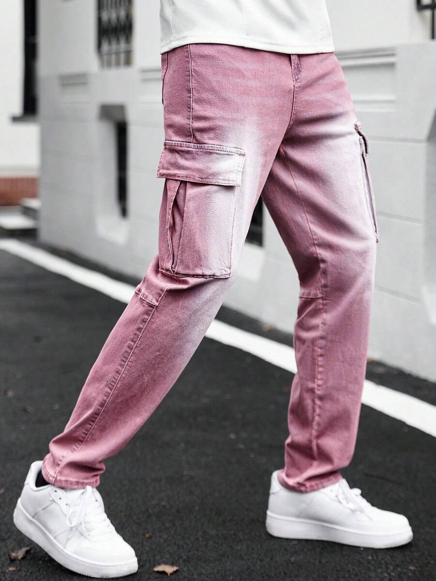 Manfinity Homme 男士休闲日常水洗翻盖口袋牛仔裤男士粉色牛仔裤粉色工装裤男士男朋友和丈夫款水洗修身度假裤 - 紅木色 - 查看 1