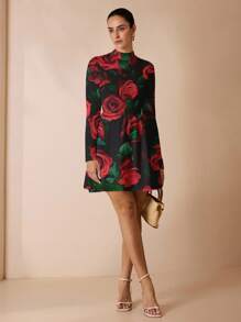 Glamance Maria Clara Maia Red Rose Print Elegant Casual Minimalist Women Long Sleeve Dress, Suitable For Autumn/Winter Red Rose Dress Floral Print Dress - Multicolor - View 3