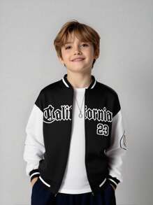 SHEIN Tween Boys' Black Autumn Smart Back-To-School Baseball Collar Jacket,Letter Print Patchwork Contrast Sleeve Loose Open Front Jacket For School,Sports - Black and White - View 4