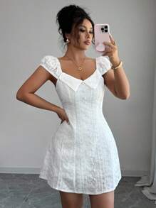 Chiquease 女士甜心领口短袖刺绣腰身连衣裙 全白夏季连衣裙 - 白色 - 查看 4