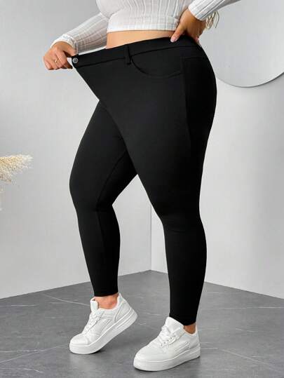 SHEIN CURVE+ Plus Size Women's Spring And Summer Fashion Casual Comfortable Basic Daily Versatile Slim Black High Elastic Tights, Work Pants,Office,Airport High Waisted Black Pants, Fall,Winter