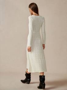 Chiquease Solid Color A-Line Knit Dress, Round Neck Hollow Out Bohemian Style Knit Dress Fall Winter Cloth For Women - Apricot - View 2