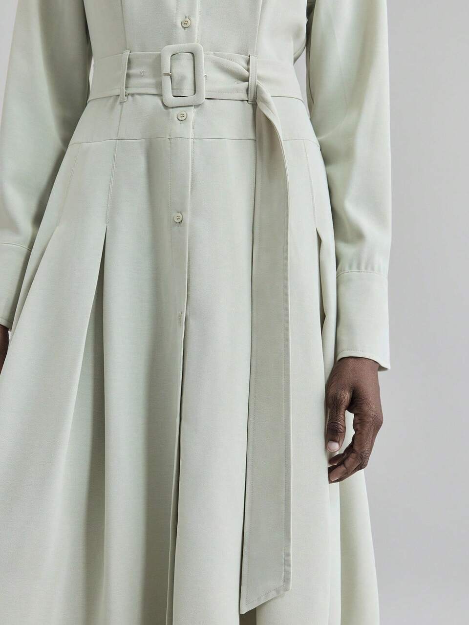 Sage Green Autumn Women's Elegant Long Sleeve Waist Cinched Dress,Vintage Style Office Business Casual Commuter Long Dress,Urban Chic Party Clothing