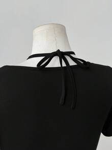 Sweetra Solid Color Lace Patchwork Slim Fit Bodycon T-Shirt, Sexy Style - Black - View 3