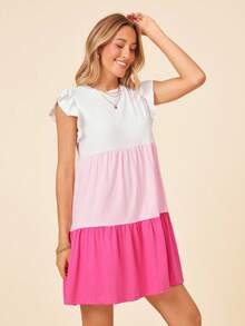 Coeurva Vestido informal de mujer con parches tejidos, cuello redondo, manga corta y bloque de color para primavera/verano - Rosa - Ver 1