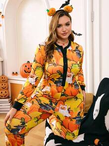 Plus Size Women's Halloween Full Print Half Button Front Long Sleeve Jumpsuit Pajamas, Fall - Orange - View 5