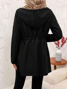 SHEIN Clasi 秋冬女士休闲双面豹纹拉链连帽夹克 - 黑色 - 查看 2