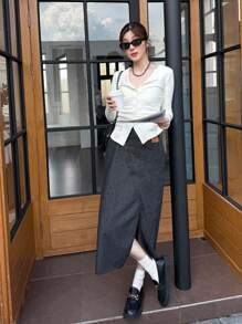 SHEIN EZwear 女士秋季黑色日常休闲街头开衩牛仔半身裙，秋季，外出，复古风 - 黑色 - 查看 3