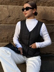 DAZY V-Neck Sleeveless Jacket Vest, Padded & Thickened, Women Padded Coat For Autumn/Winter Fleece Lined - Black - View 6