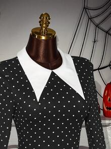 Y2K Amplova Polka Dot Top Women's Wednesday Contrast Color Collar Long Sleeve Shirt Collar Fashionable Mini Dress Halloween Dress - Black - View 9