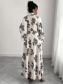 Elenzga Plus Size Women Floral Print Ruffle Sleeve Elegant Dress Fall Cloth For Women - Apricot - View 7