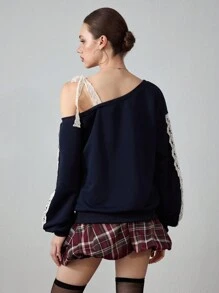 ROMWE Avant Women's Flag Print Contrast Lace Oblique Shoulder Long Sleeve Casual Sweatshirt - Navy Blue - View 2