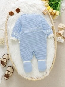 Baby Girls' Bow & Ruffle Trim Knitted Jumpsuit,Blue And White,Autumn,Elegant,Family Matching,Soft Sweater Romper Outfit For Daily Wear,Fall Winter - Blue - View 2