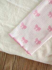 2件套女童休闲可爱蝴蝶结印花长袖上衣和裤子家居服套装 - 粉色 - 查看 7