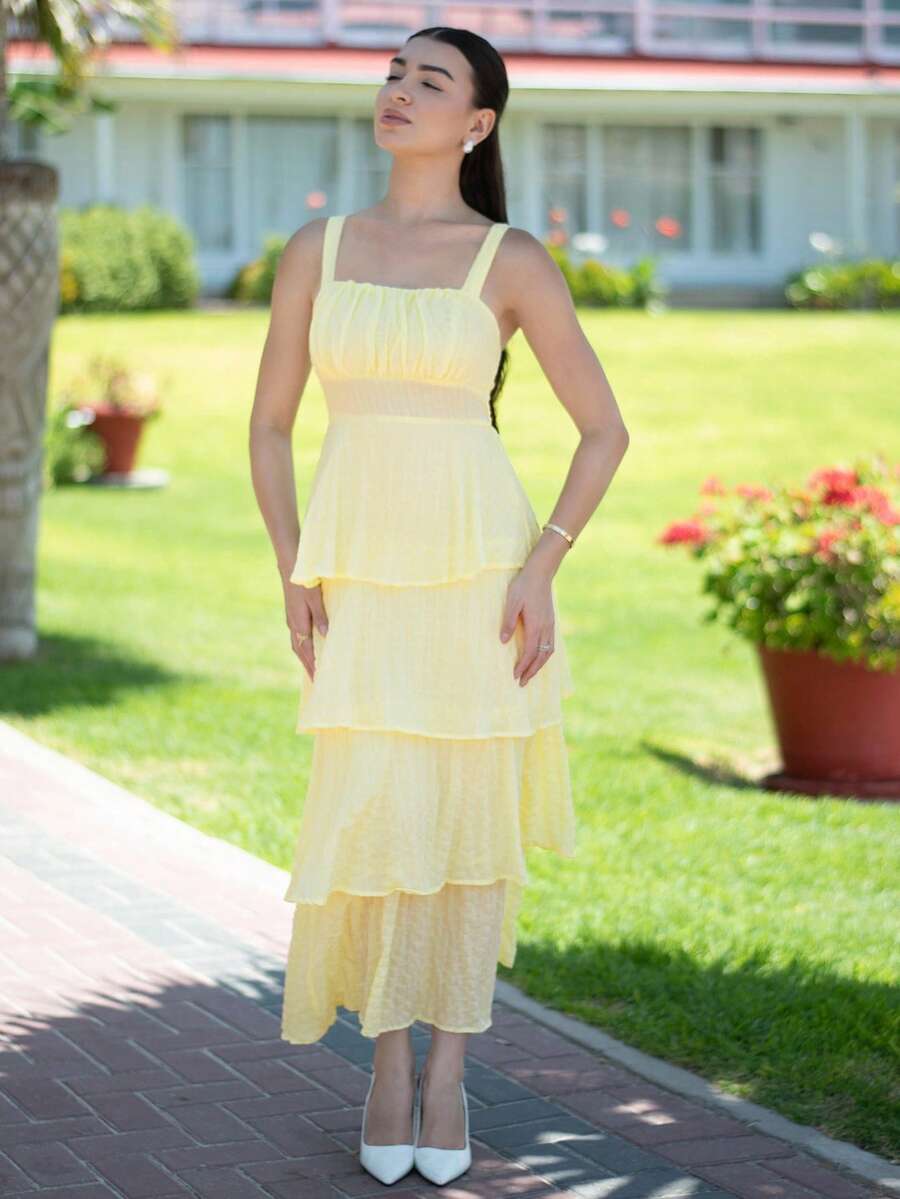 Andrea Bello Women's Summer Vacation Ruffled Hem Dress,Butter Yellow Summer Dresses For Women,Suitable For Spring/Summer Holiday, Woman Summer Outfit,Casual Outfit Vacation,Summer Outfits For Women,Sundress,Beach Outfits For Woman - Yellow - View 1