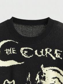 ROMWE Goth Áo len dệt kim cổ tròn cổ điển hình mèo đen, ngôi sao, mặt trăng cỡ lớn cho nữ - màu đen - Xem 3