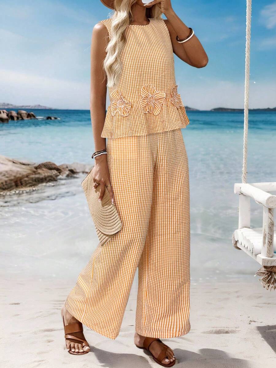 EMERY ROSE 女士两件套夏季服装女士度假服装女士外出上衣女士度假服装女士度假两件套格子夏季套装女士 2 件夏季服装 - 橘色 - 查看 1