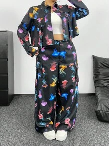 POPSWAY 2 piezas Mono de talla grande con estampado de medusa en la parte superior y los pantalones