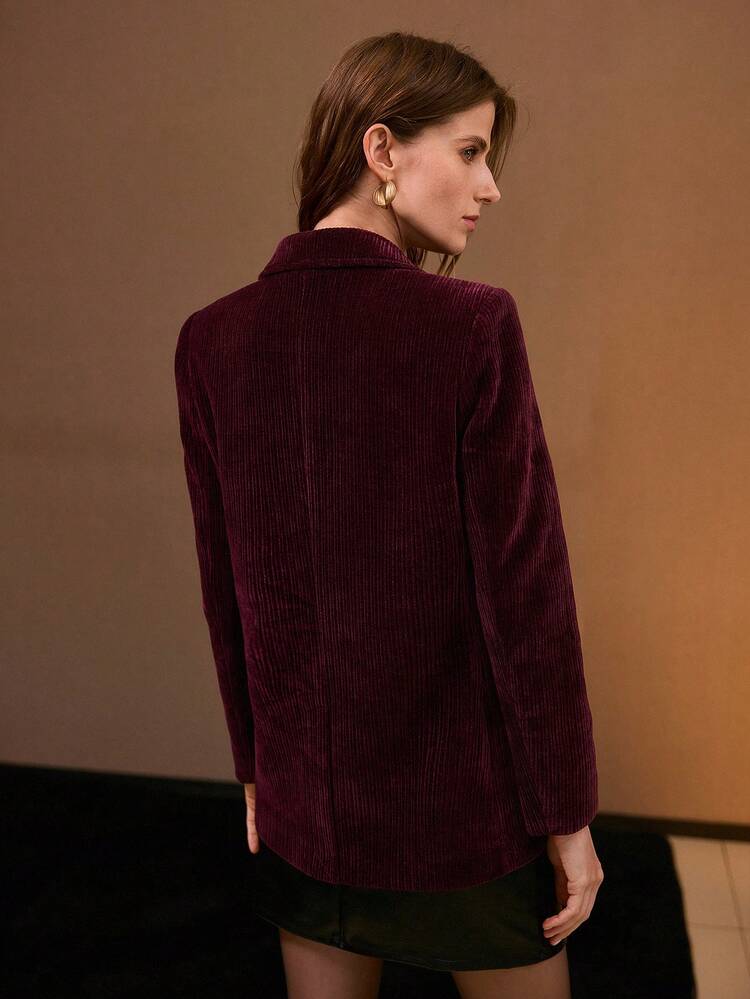 CORDUROY SOLID PEAK COLLAR DOUBLE BREASTED PLACKET BLAZER