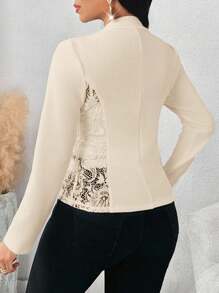 SHEIN Lady 2025新款秋季休闲优雅纯色撞色蕾丝西装外套女士秋季服装商务休闲女装办公室女装工作服女装秋季女装教堂女装机场女装优雅女装乡村女装商务职业女性外出工作服 - 杏色 - 查看 2
