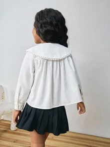 Maija Kids Maija Kids 年轻女孩花卉刺绣彼得潘领长袖衬衫上衣，休闲日常和校服 - 杏色 - 查看 2