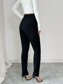 Selianne Women's Black Tights Contrasting Pearl Ribbon Knitted Texture Split Hem Leggings,Black And White,Summer,Classy,Party Leg-Lengthening Office Trousers - Black - View 2