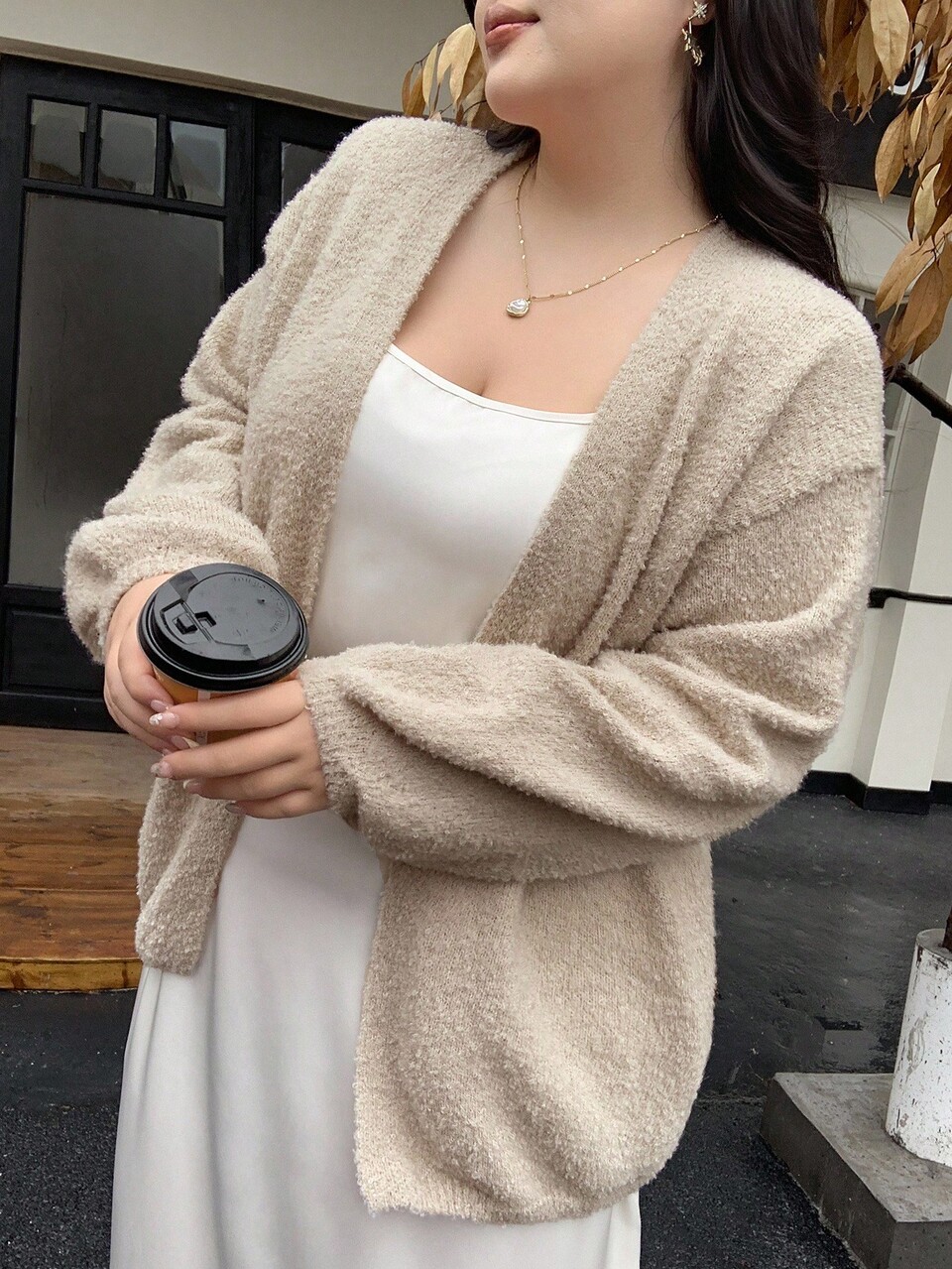 Dazy Plus Plus Size Women Solid V-Neck Lantern Sleeve Loose Cardigan Sweater, Autumn/Winter Jacket
