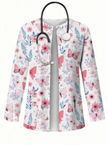 PopScrub Women All-Over Print Long Sleeve Uniform Jacket, Scrub Outerwear, Spring/Autumn - Multicolor - View 5