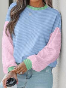 SHEIN EZwear Casual Minimalist Green, Pink, Blue Colorblock Striped Round Neck Loose Short Sleeve T-Shirt For Women, Suitable For Fall,Fall Clothes For Women Winter Autumn - Multicolor - View 1