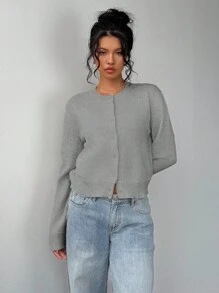 SHEIN BASICS 女款休閒純色圓領寬鬆短版長袖開襟針織外套，冬季外套 - 灰色 - 查看 4