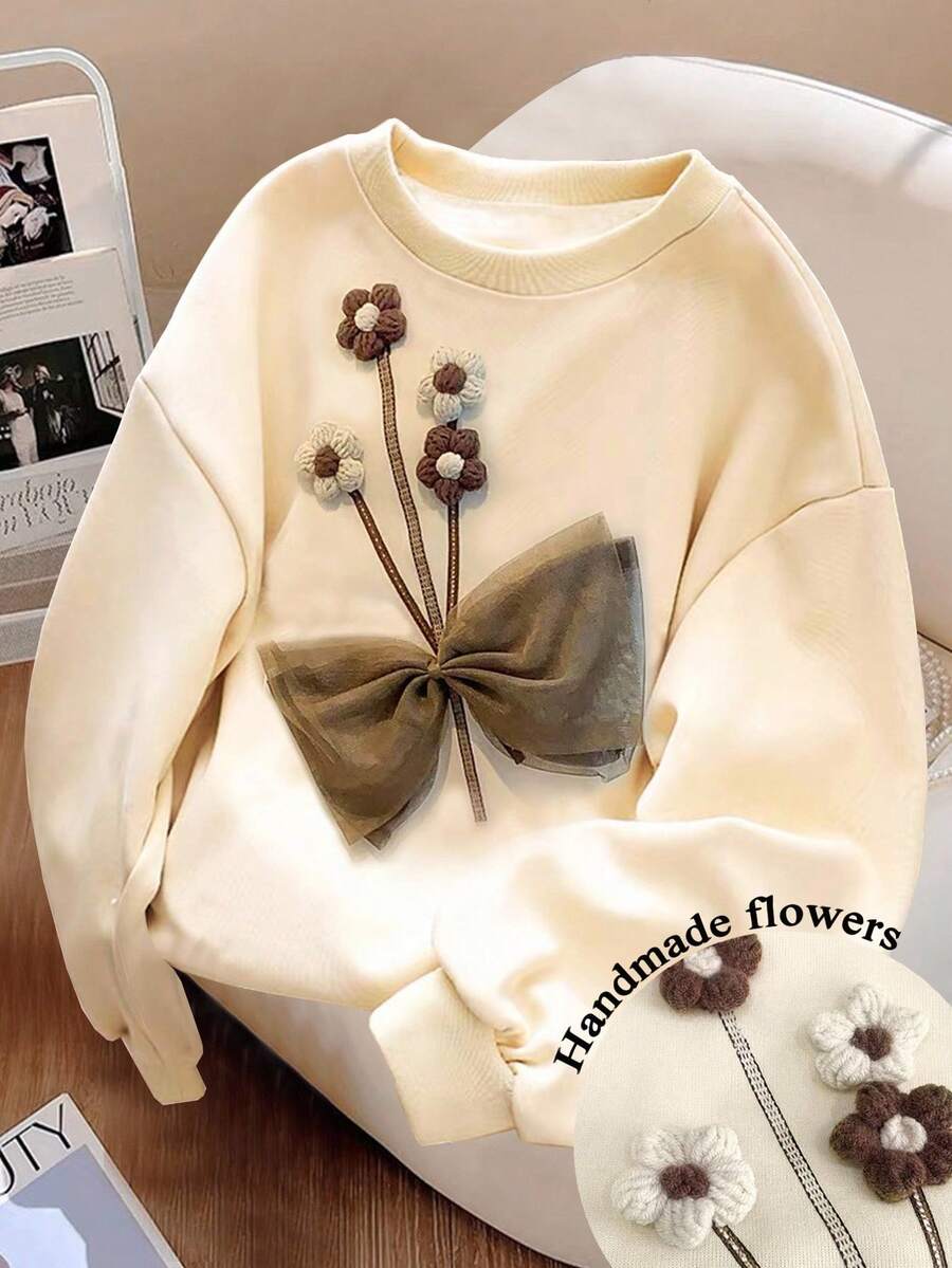 SHEIN 女式蝴蝶结装饰长袖套头衫，返校季，长袖上衣 - 杏色 - 查看 1