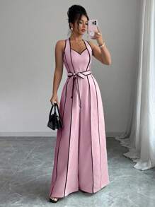 Elenzga Mono elegante y casual para dama de oficina o maestra, con diseño de alta gama, de color blanco con bloques de color negro, estampado digital, cierre de cremallera en la cintura, pantalón de pierna ancha y larga, estilo retro de rayas francesas, escote de halter y cuello en V. - Rosa - Ver 5