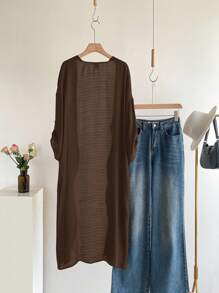 EMERY ROSE Plus Size Women's Fashion Casual Cuffed Sleeve Open Front Long Cardigan,Fall Clothes For Women Winter Autumn - Brown - View 8