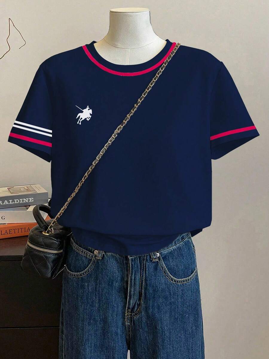 INAWLY 夏季女式修身T恤,饰有马术骑手和红色条纹印花 - 彩色 - 查看 1