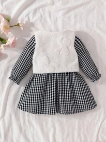 SHEIN 2pcs Baby Girls Plaid Ruffle Hem Dress + Coral Fleece Vest With Bow Decor, Cute Sweet Fashion Outfit, Suitable For Spring & Autumn Fall Winter - Multicolor - View 3