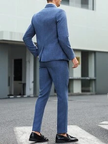 Manfinity Mode 男士商务正装纯色翻领西装外套和裤子套装男蓝色西装男西装两件套男西装男正装西装修身男西装 - 藍色 - 查看 2