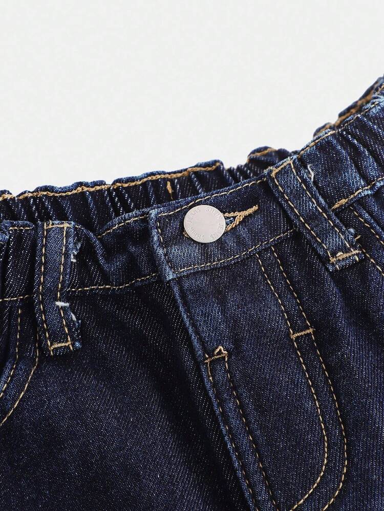 SHEIN Y2K 90年代复古休闲纯色水洗高腰宽松保暖直筒牛仔裤，适合女孩穿着，圣诞主题，秋冬季保暖，带口袋喇叭裤型，适合女孩秋冬返校季穿着，喇叭裤街头复古风，儿童宽松牛仔裤，儿童牛仔裤，儿童阔腿牛仔裤，女孩宽松牛仔裤，女孩阔腿牛仔裤 - 深色水洗藍 - 查看 6