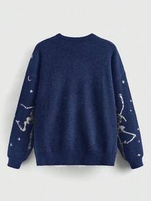 ROMWE Goth Oversized Skull Halloween Jacquard Knit Sweater For Women - Navy Blue - View 2