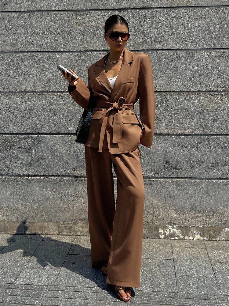 Loose Waist Fashionable Suit Jacket & High Waist Pleated Pants 2 Pieces Set, Minimalist & Comfortable