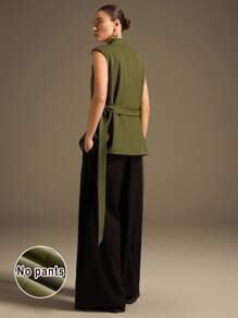 Ontre 2025 Autumn/Winter New Green Stand Collar Waist Tie Bow Belt Wide Shoulder Front Open Metal Snap Design Twill Women's Suit Jacket, Modern Elegant Urban Romantic Western Punk Y2K Country Music Festival Vintage Korean Airport Travel Street Wedding Guest Birthday Halloween Business Casual Office Date Party Outgoing Airport Back To School Fall/Winter - Green - View 5