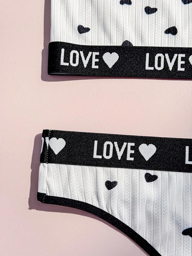 Plus Size Women Letter & Heart Pattern Casual Lingerie Set - Black and White - View 6