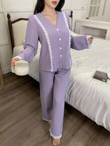 女士蕾丝边长袖上衣和裤子紫色睡衣套装，蕾丝睡衣套装，女士睡衣套装，薰衣草色睡衣套装，两件套睡衣套装，冬季服装 - 紫色 - 查看 4