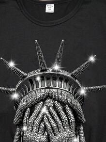 SHEIN 青少年男孩休闲简约圆领短袖T恤，适合夏季 - 黑色 - 查看 3