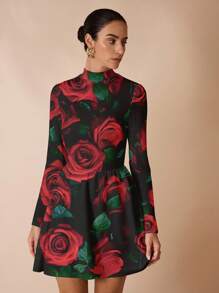 Glamance Maria Clara Maia Red Rose Print Elegant Casual Minimalist Women Long Sleeve Dress, Suitable For Autumn/Winter Red Rose Dress Floral Print Dress - Multicolor - View 5