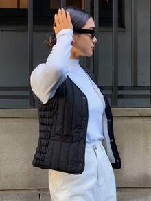 DAZY V-Neck Sleeveless Jacket Vest, Padded & Thickened, Women Padded Coat For Autumn/Winter Fleece Lined - Black - View 4